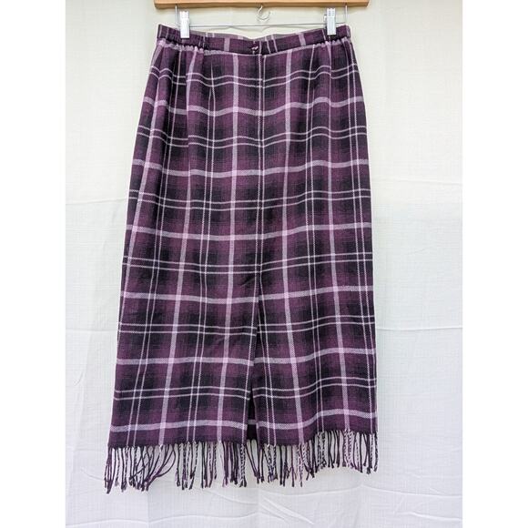 Nouveaux VTG Women's Plaid Midi Skirt Sz 12P Purple Fringed Hem Fall Grunge - Picture 3 of 5